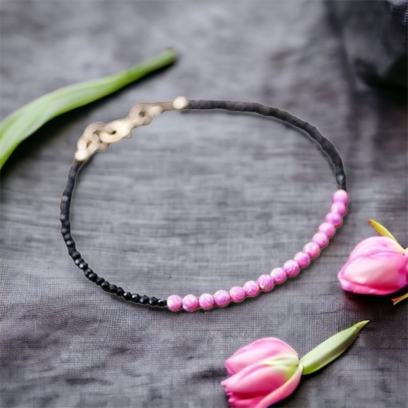 Handmade Natural Black Spinel and Pink Opal Bracelet 14k Gold Filled 7" - Picture 1 of 9